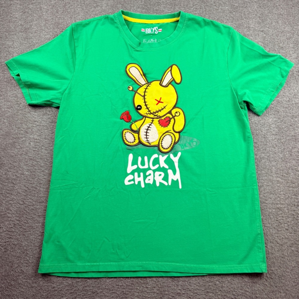 BKYS Men's‎ L Large Lucky Charm Graphic T-Shirt Green Voodoo Bunny Embroidered